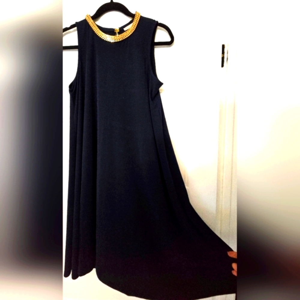 Dana Buchman Navy Midi Dress with Gold Embellished Neckline